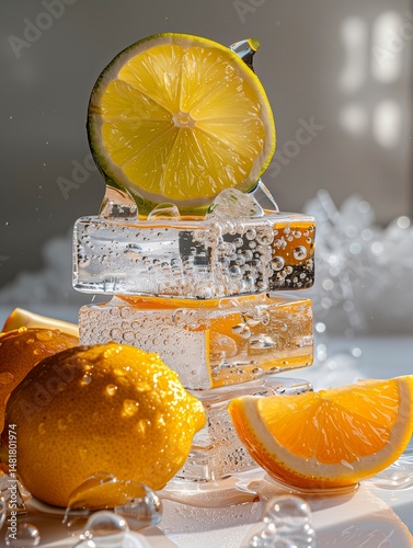  ice in iceberg shape, lime piece and lemon piece on top of ice, floating on a white background,