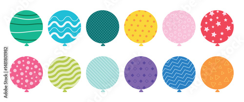Birthday pattern balloons clipart set. Colorful balloon elements clip art in stripes, zigzag, stars and lines printed design collection vector illustration. 

