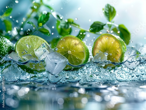  ice in iceberg shape, lime piece and lemon piece on top of ice, floating on a white background,