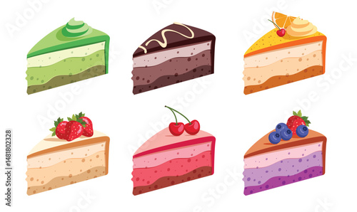 Birthday cake slices clipart set. Cake dessert slice elements clip art in strawberry, chocolate, lemon, cherry and blueberry sweet flavors collection for party celebration vector illustration. 
