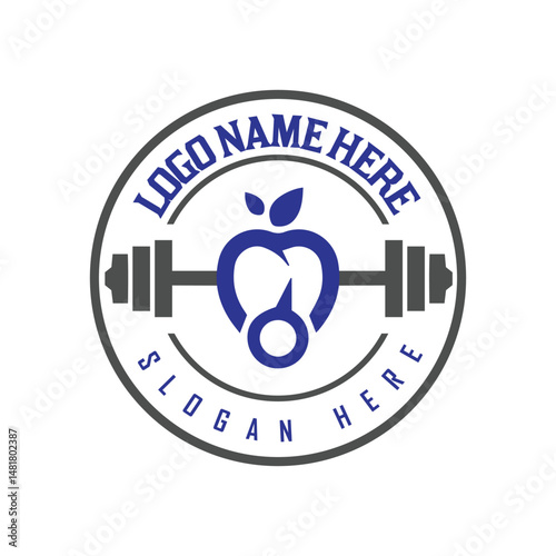Sports nutrition logo template. Apple with dumbbell vector design. Fitness nutrition logotype