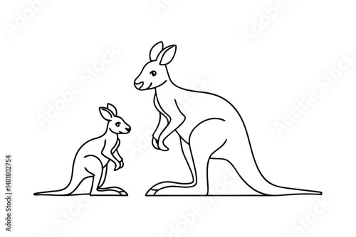 Line drawing illustration of a mother kangaroo with her joey juvenile against white background