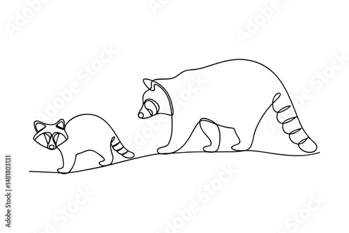 Two raccoons walking together in continuous line art illustration on white background