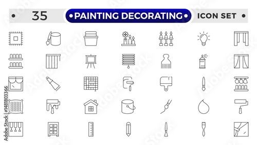 Painting Decorating outline icons. Set of Paint and decorating icon and painting tools. Color palette, Roller, Creative art brush, bucket.