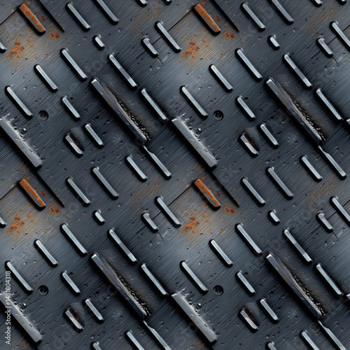Industrial Metal Surface with Diagonal Slits Seamless Texture with rust details for industrial and grunge-themed designs Technical Design Projects, Gaming Assets, and Modern Website Backgrounds