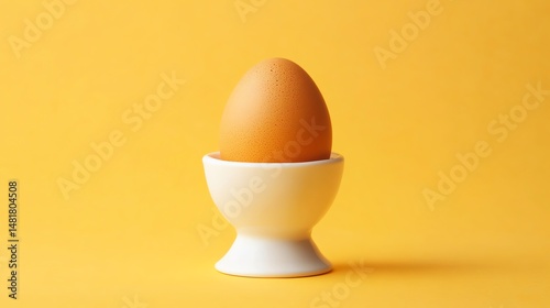 A single, white egg sits in a white egg cup against a yellow background.
