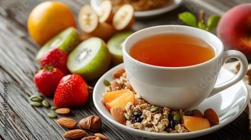 Healthy breakfast with tea and fruit.