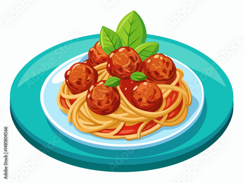 A flat vector of spaghetti with tomato sauce and meatballs on a round white plate. White background, classic Italian dinner illustration