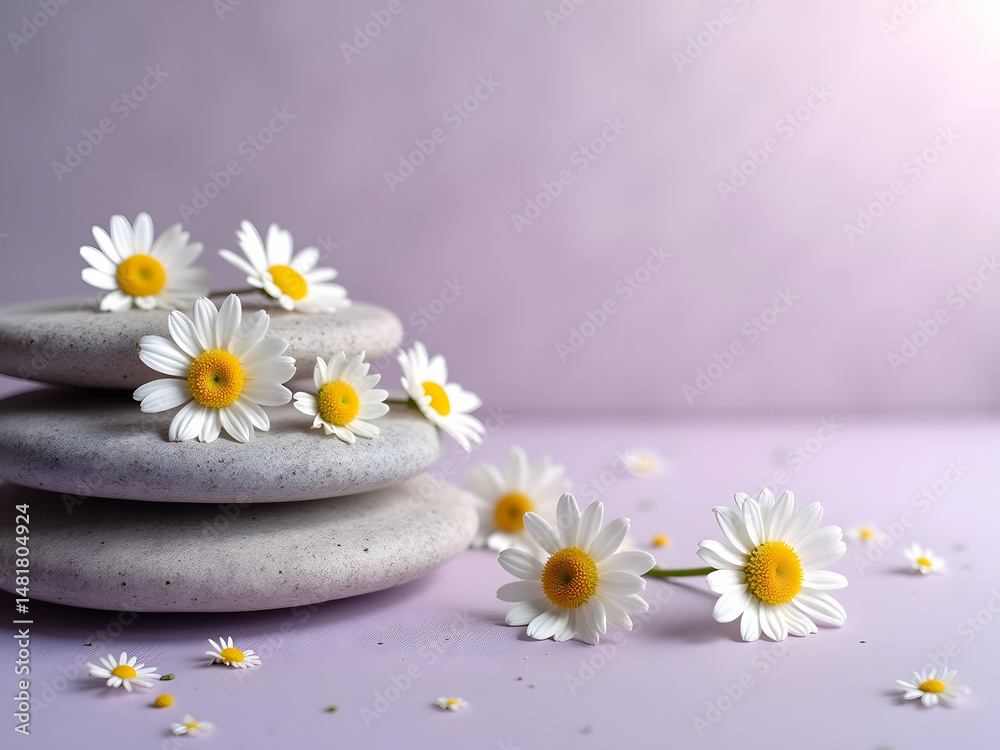 Fototapeta premium Subtle harmony of daisies and stones creating a serene wellness scene offering a calming aesthetic ideal for spa and relaxation themed designs providing a tranquil atmosphere