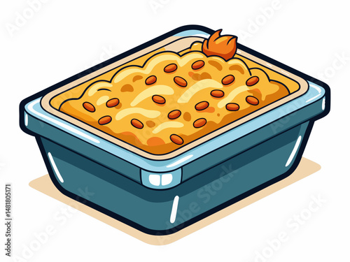 Baked macaroni and cheese in a rectangular oven dish with crispy top. White background, comfort food vector style