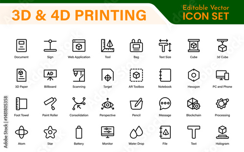 3D and 4D Printing Icons – Outline, Vector, and Line Art Illustrations for Printing Tech, Prototyping, Design, Engineering, and Innovation Projects