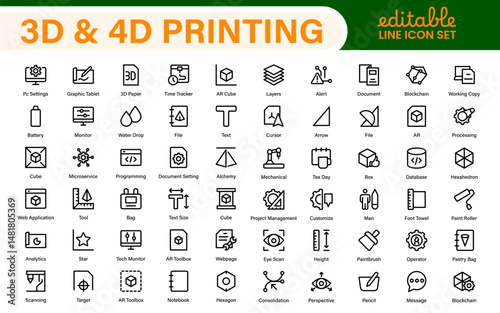3D and 4D Printing Icons – Outline, Vector, and Line Art Illustrations for Printing Tech, Prototyping, Design, Engineering, and Innovation Projects