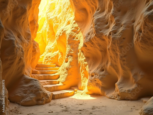 Sunlit passage through honeycombed stone walls, A journey into a textured natural environment with warm hues and weathered details leading to a brighter destination