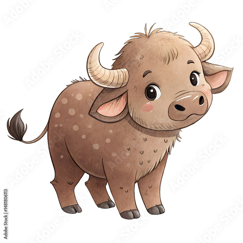 Adorable African Baby Buffalo in a Safari Nursery Setting Rendered in Watercolor for Playful Decor. Transparent Background