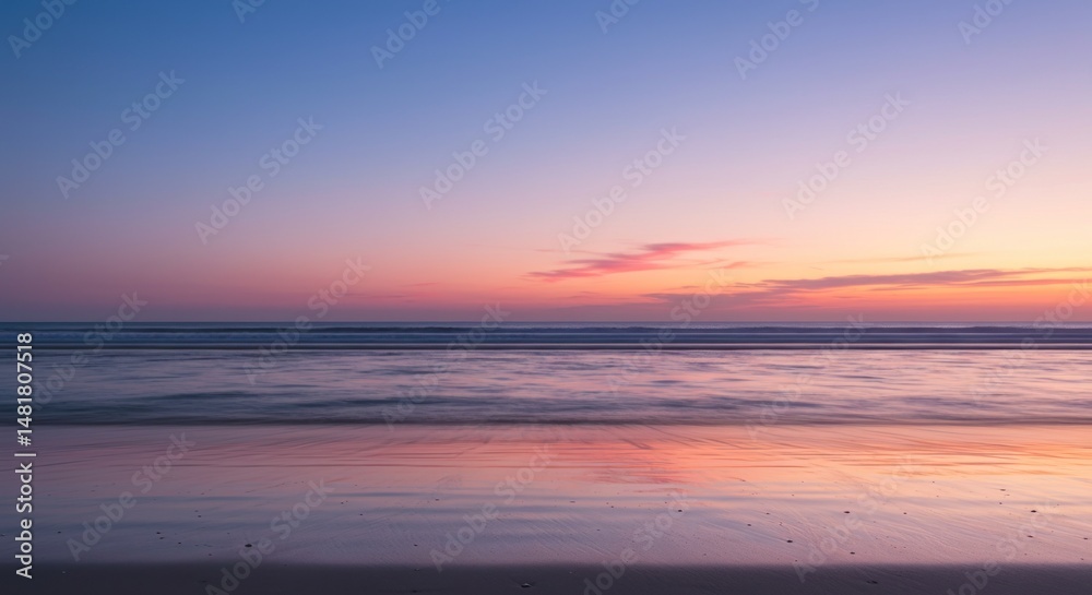 Fototapeta premium Serene beach landscape with vibrant pastel sunset colors reflecting in the water