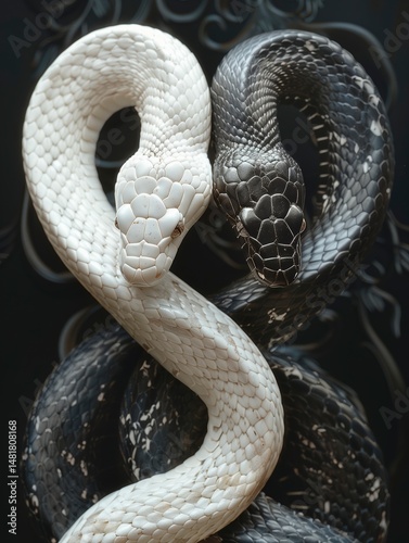 two snakes in an elaborate knot biting their own tails one white and one black