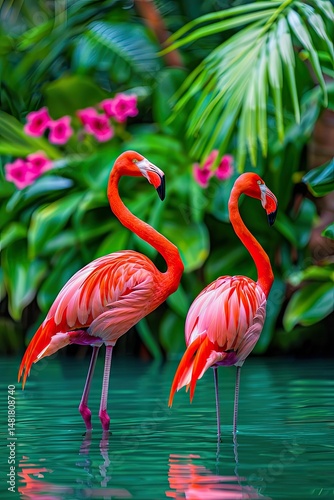 Vibrant Pink Flamingos Gracefully Standing in Tranquil Water Surrounded by Lush Greenery and Tropical Flowers Evoking a Serene Safari Experience