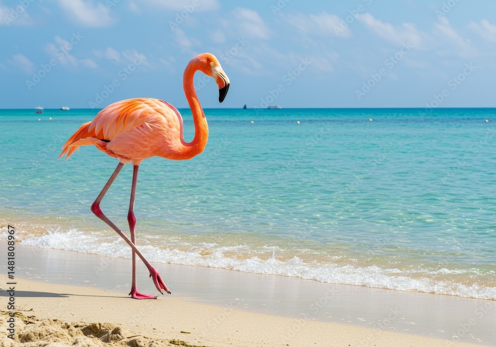 Fototapeta premium Photo of Flamingo Wading on a Tropical Beach