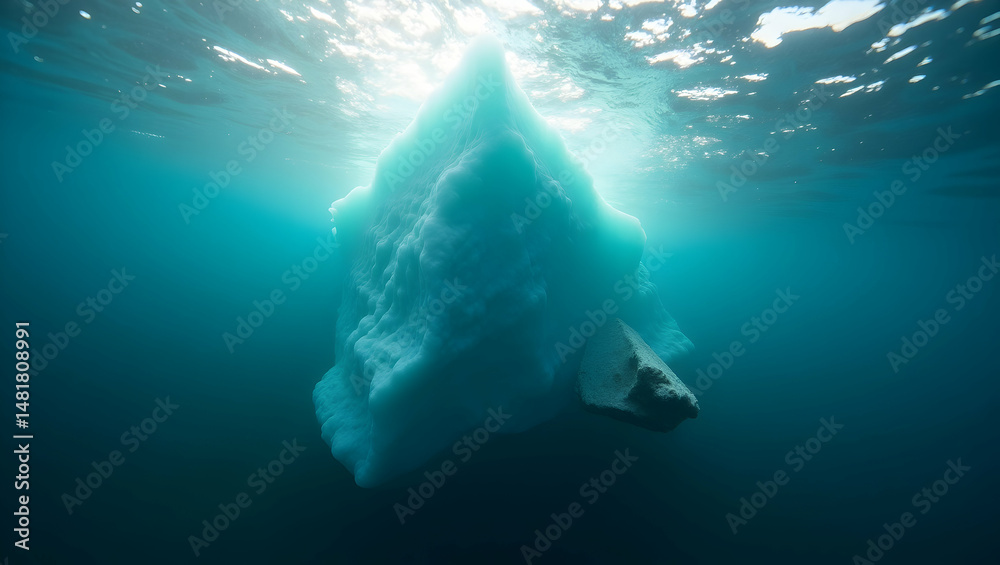Naklejka premium Underwater Iceberg Melting, A Vibrant Blue-Green Scene Showcasing the Fragility of Polar Ice in a Time-Lapse Depiction of Environmental Change and Global Warming