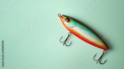 A fishing lure rests on a solid light green background.