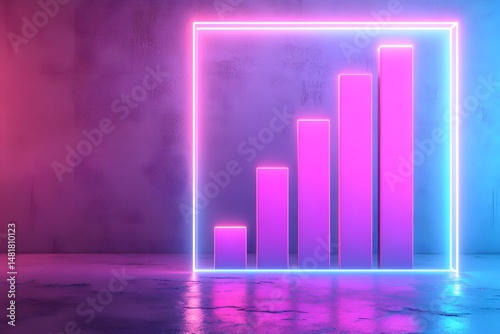 A bar graph with glowing neon lines, 3D render, minimalistic, white background, blue and purple gradients