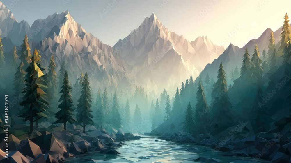 Mountain landscape with a river and forest.