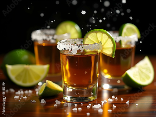 Vibrant tequila shots with lime and salt, evoking celebration, refreshment, and the conviviality of a festive gathering with a touch of sophistication