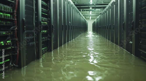 Flooded data center: server room submerged in water after disaster servers and racks damaged by flood concept of data loss and recovery 