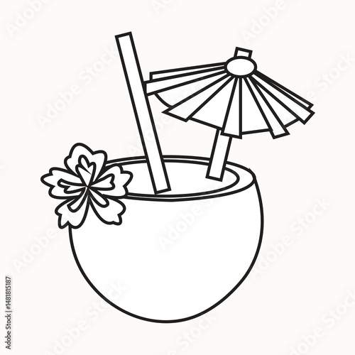 Coconut Summer vibes line art,  black and white coconut icon.
