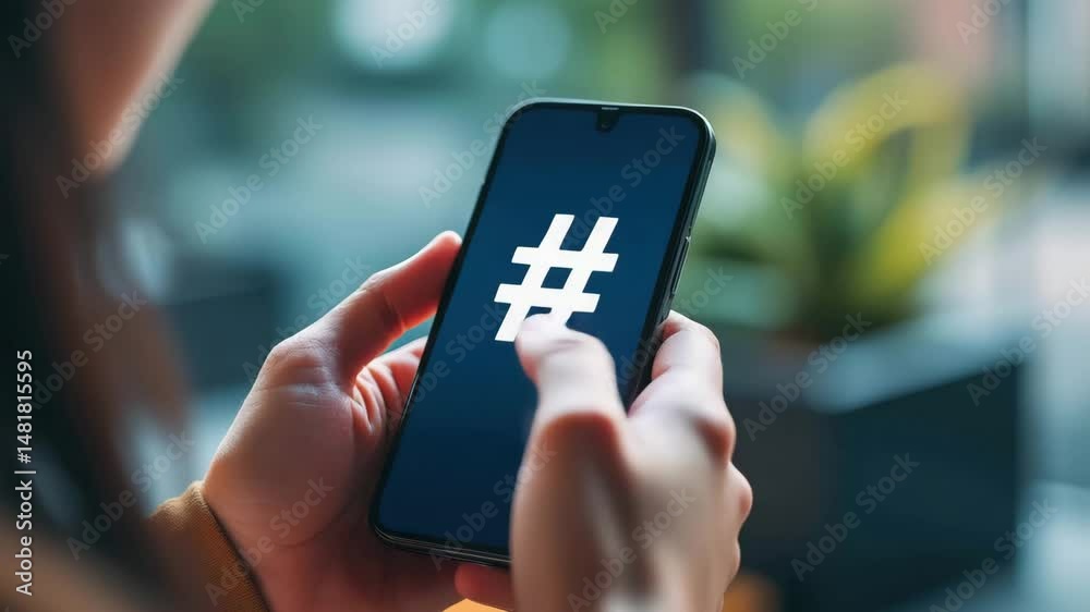 A person holds a smartphone displaying a hashtag symbol, with greenery in the background, suggesting themes of social media and connectivity.