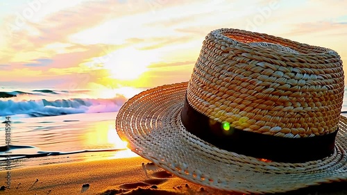A straw hat rests gently on a sandy beach at sunset, positioned slightly off-center in a warm, golden light