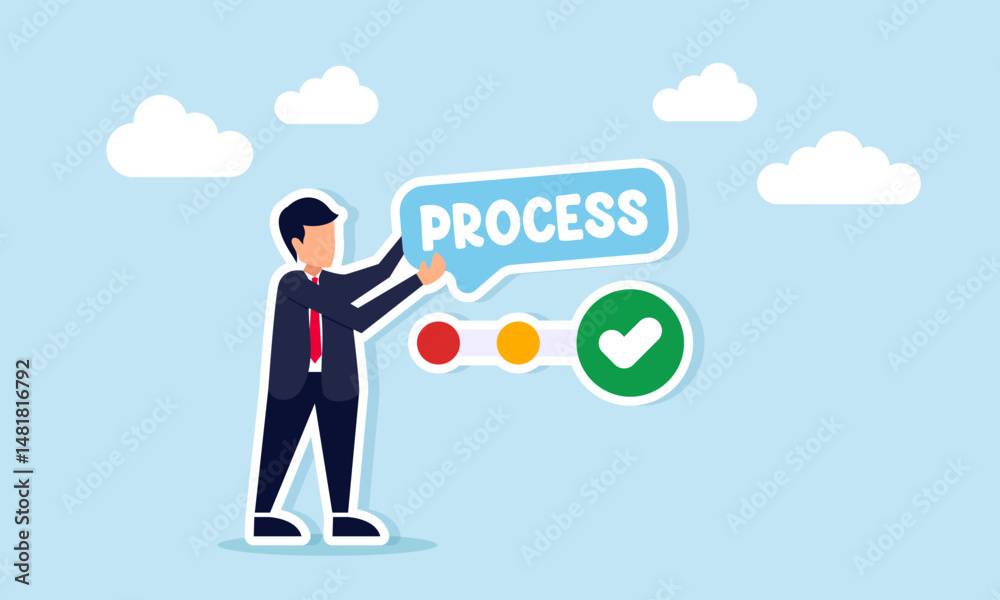 Businessman holding chat dialog with text process next to progress or step icon illustration of business team performance progress Businessman holding chat dialog with text process next to progress or step icon illustration of business team performance progress