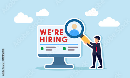 Businessman Observing Candidate Profile on Monitor Displaying We Are Hiring Message