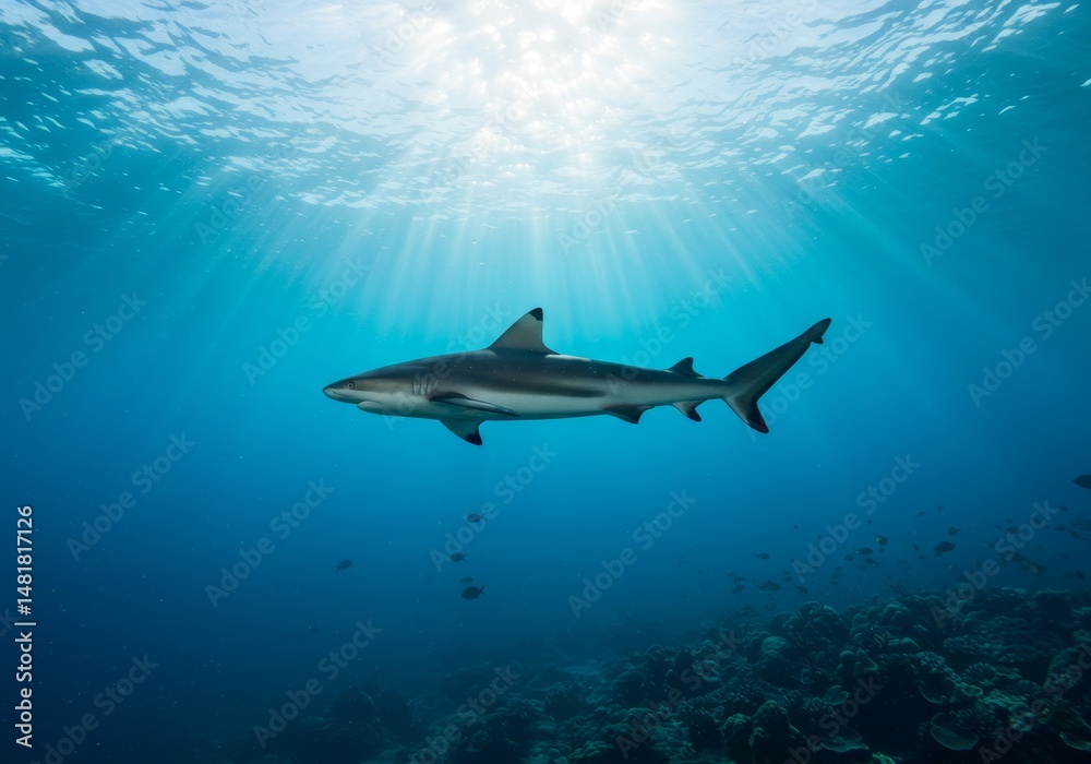 Fototapeta premium Photo of Shark Swimming in Sunlit Ocean