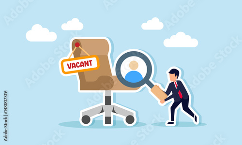 Businessman Standing Beside Office Chair with Vacant Tag Holding Magnifying Glass to Examine Candidate Profile Illustration of Searching for Job Vacancy or Recruitment