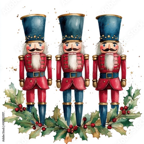 Three nutcrackers in uniform, festive holiday design