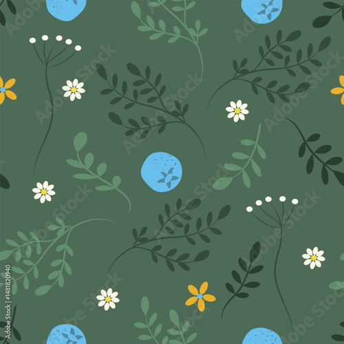 vector seamless pattern summer with plants, flowers and blueberries
