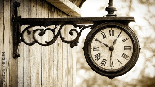 Antique Vintage Wall Clock Old Time Roman Numerals Brown Wooden Background dial hour home past aged