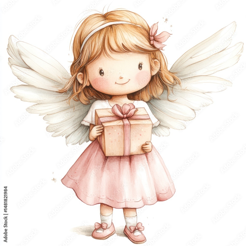 Fototapeta premium Cute angel girl holding a gift