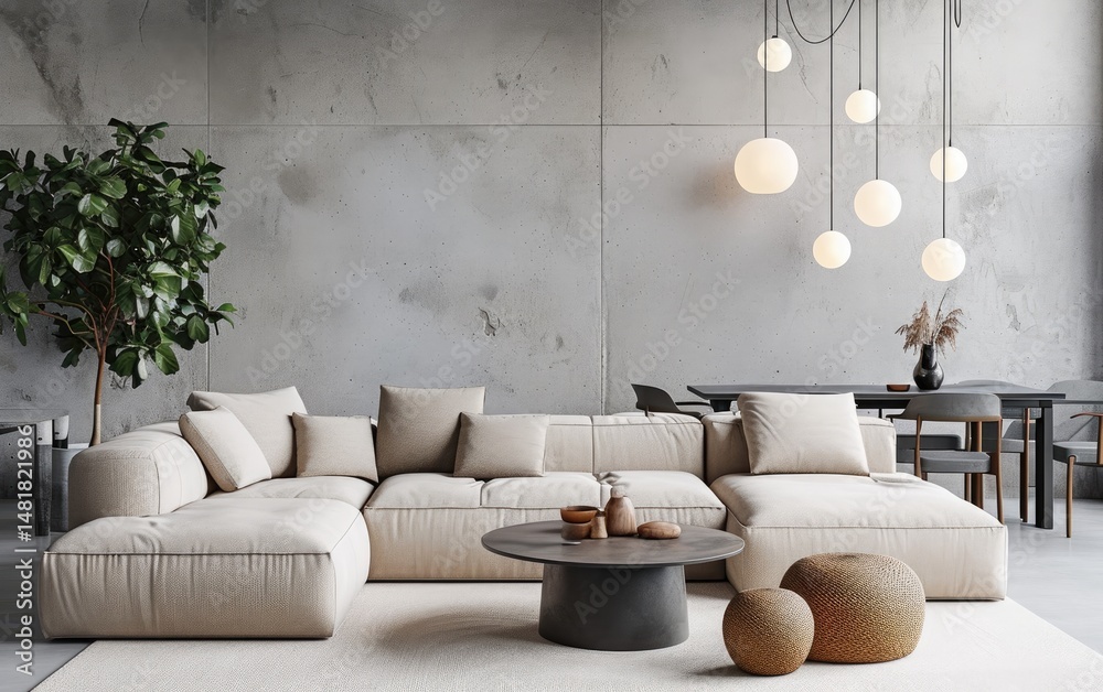Scandinavian living room with a beige sectional sofa, a concrete wall, and stylish pendant lights