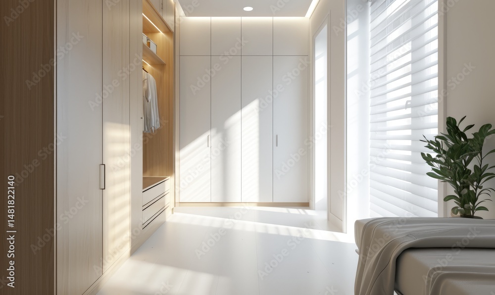 Bright minimalist bedroom with a built in wooden and white wardrobe illuminated by sunlight streaming through sheer blinds.