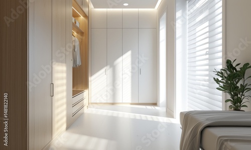 Obraz na płótnie Bright minimalist bedroom with a built in wooden and white wardrobe illuminated by sunlight streaming through sheer blinds. w salonie