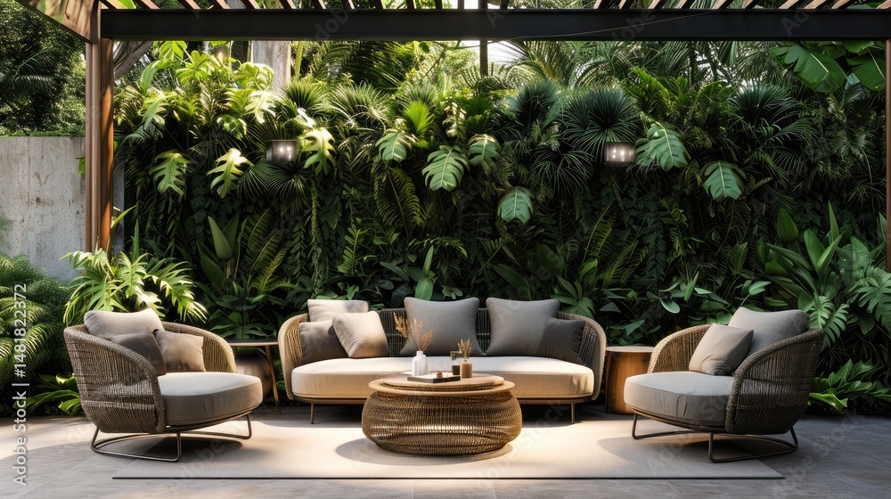 Lush Tropical Garden Patio Seating Area With Modern Furniture within a vibrant tropical garden backdrop