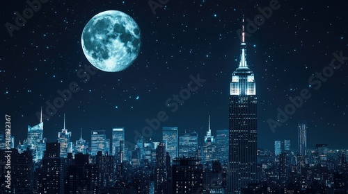 Moonlit Manhattan Skyline Sparkles With City Lights Against A Starry, Deep Blue Night Sky.