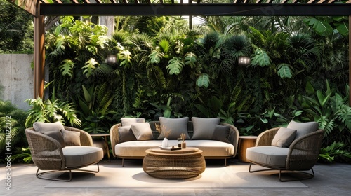 Obraz na płótnie Lush Tropical Garden Patio Seating Area With Modern Furniture within a vibrant tropical garden backdrop w salonie
