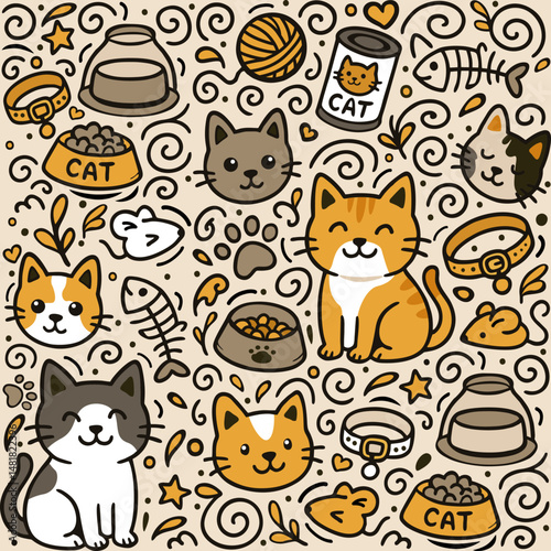 The seamless pattern of cat as pet ornament, showing cat and many doodle ornament which is everything loved by cat as a pet. This pattern can be use to be fabric pattern, and many other design
