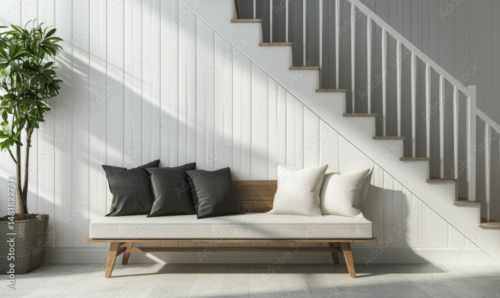 Wooden bench with black and white pillows sits beneath a white staircase in a minimalist room.