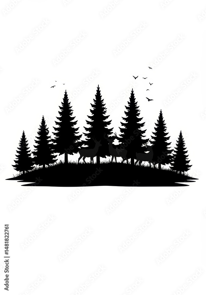 Fototapeta premium Silhouette Forest with Deer and Birds Illustration