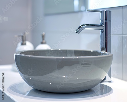 Obraz na płótnie Close-up view of a modern grey ceramic sink with a chrome faucet in a stylish bathroom w salonie