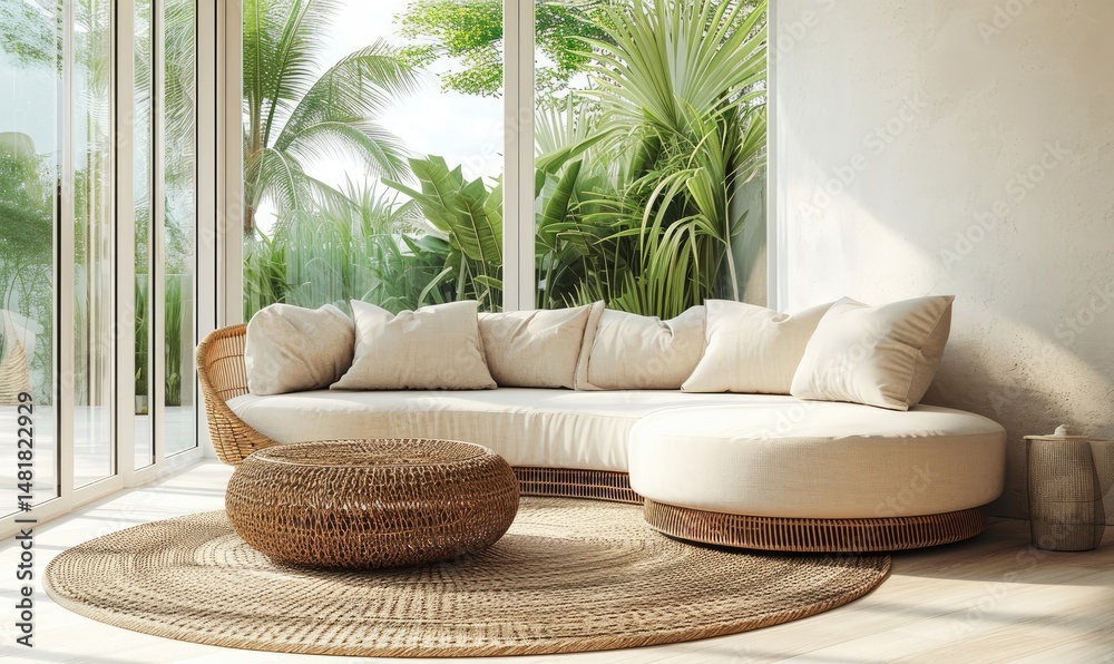 Tropical living room with a curved rattan sofa and ottoman, complemented by a woven rug and coffee table